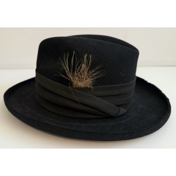 Deion by Dobbs Golden Coach Men's Vtg Black Felt Fedora Hat Feather Size 6 7/8 - Picture 2 of 9